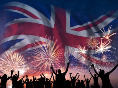 What time can I set fireworks off in the UK? Happy people are looking holiday fireworks with flag of United Kingdom in sky, independence day