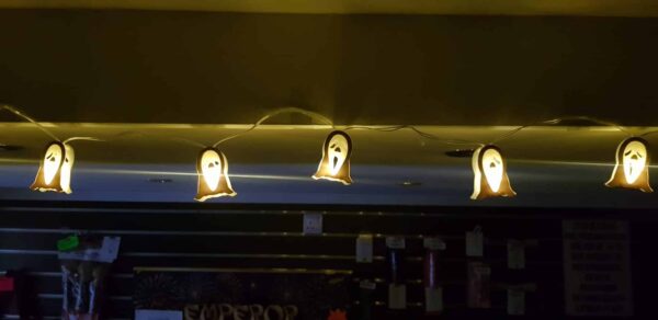 Ghost Face string lights switched on